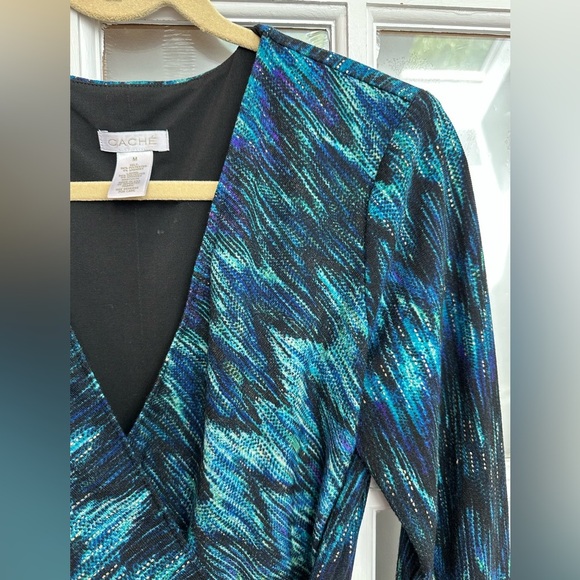 Vintage Cache Teal Gold Blue Knit Faux Wrap Midi Dress Women’s Size Medium M Med - Picture 4 of 13